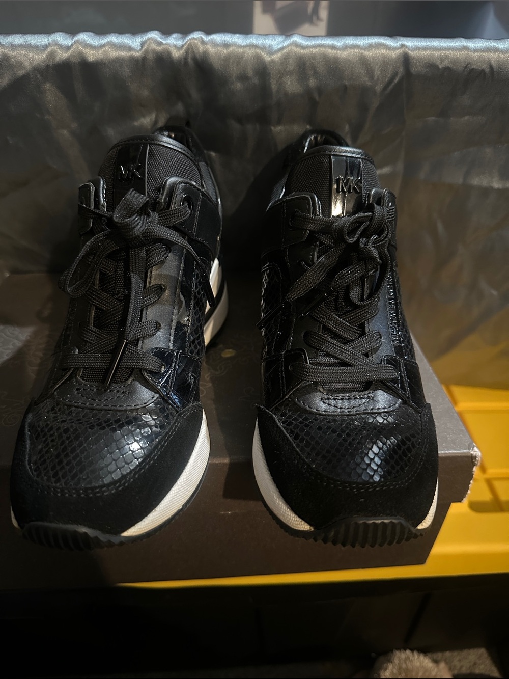 Michael Kors Black Mixed-Texture Lace-Up Sneakers